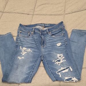 American Eagle Outfitters Women's Light Blue Ripped Skinny Jeans